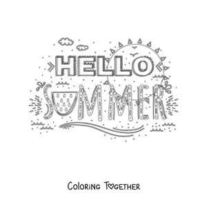 Coloring page of the word summer with summer elements