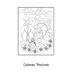 Coloring page of several summer elements and the word summer