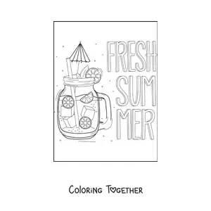 Coloring page of a refreshing drink next to the word summer