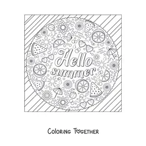 Coloring page of several summer elements next to the word summer