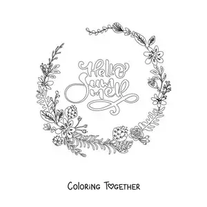 Coloring page of a ring of tropical flowers with the word summer