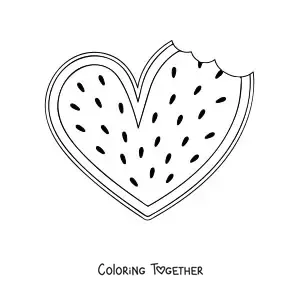 Coloring page of a heart-shaped watermelon with a bite taken out of one side
