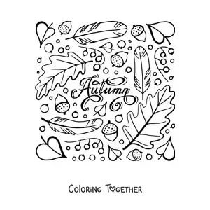 Coloring page of the word autumn surrounded by dry leaves