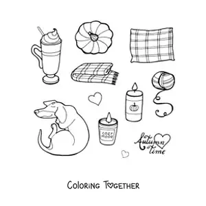 Coloring page of several autumn elements and the word autumn