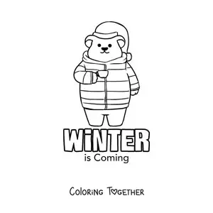 Coloring page of an animated bundled-up bear and the word winter