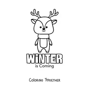Coloring page of an animated reindeer and the word winter