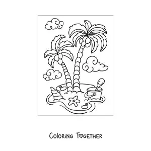 Coloring page of a beach with palm trees