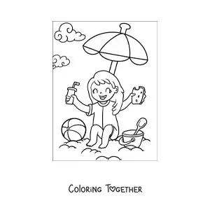 Coloring page of a girl on the beach with a snack and toys