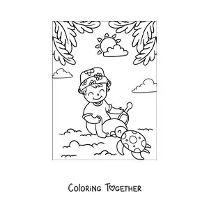 Coloring page of a boy playing with a turtle on the beach