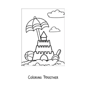 Coloring page of a sandcastle on the beach