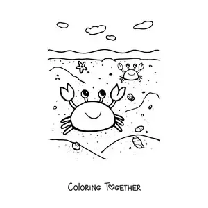 Coloring page of two animated crabs on the beach shore