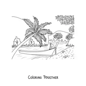 Coloring page of a tropical bay with palm trees