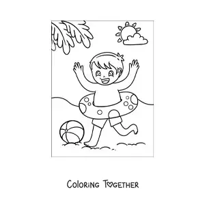 Coloring page of a boy playing on the beach with a ball and a life ring
