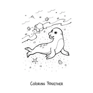 Coloring page of a seal on the beach shore