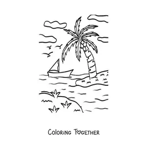 Coloring page of a sailboat on the beach