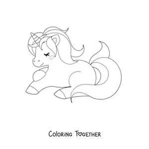 Coloring page of a kawaii unicorn lying down