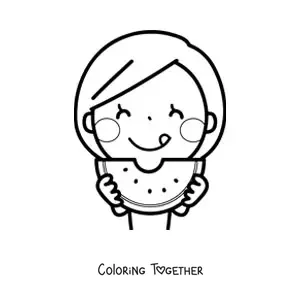 Coloring page of a girl eating a watermelon with both hands
