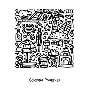 Coloring page of toys, accessories, plants, animals and beach gear
