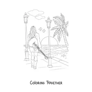 Coloring page of a girl taking a walk along the beach