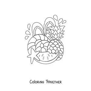 Coloring page of various fruits and beach accessories