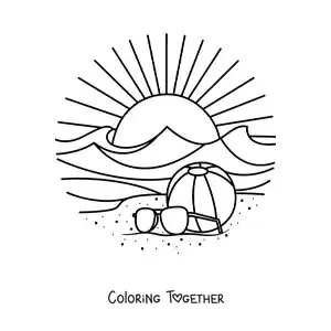 Coloring page of a sunset on the beach with a ball in the sand