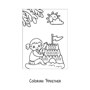 Coloring page of a girl playing with a sandcastle