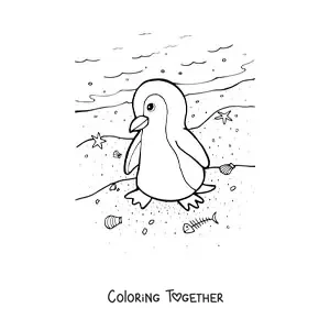 Coloring page of a penguin on the beach shore