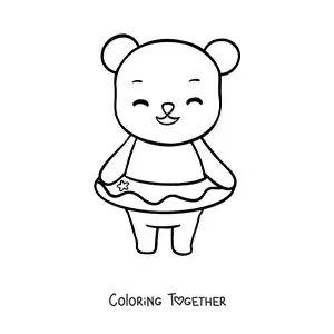 Coloring page of a smiling kawaii bear using a life ring