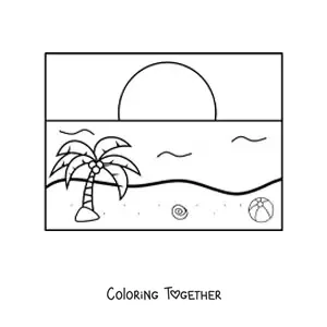 Coloring page of a sunset over the sea