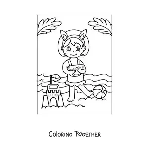Coloring page of a girl eating watermelon next to a sandcastle on the beach
