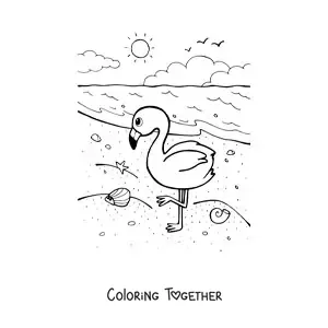 Coloring page of a flamingo on the beach