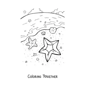 Coloring page of several starfish on the beach shore