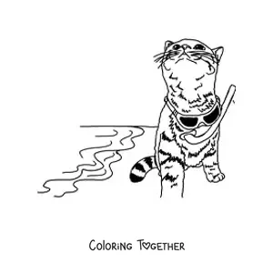 Coloring page of a realistic cat wearing sunglasses on the beach
