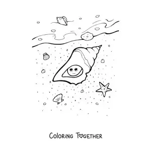 Coloring page of a kawaii conch shell on the beach