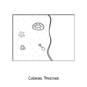 Coloring page of several beach toys in the sand