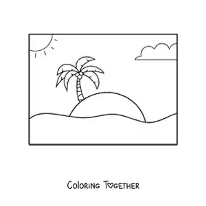 Coloring page of a beach, the sun and a palm tree