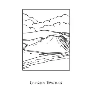 Coloring page of a landscape with a volcano