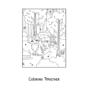 Coloring page of a fox next to a kawaii owl in the forest