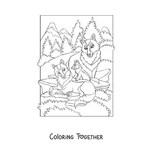 Coloring page of three wolves beside a forest
