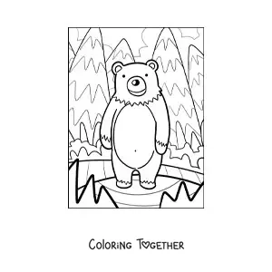 Coloring page of a kawaii bear in a forest