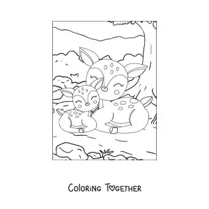 Coloring page of two kawaii forest deer