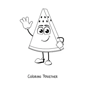 Coloring page of a cartoon watermelon waving with one hand