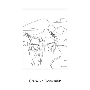 Coloring page of a herd of deer beside a forest