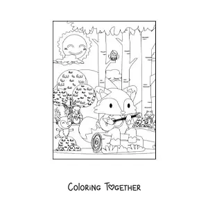 Coloring page of a kawaii fox in the forest