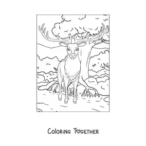 Coloring page of a deer in the forest