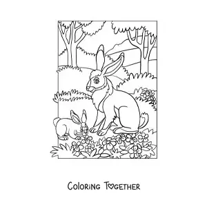 Coloring page of two rabbits in the forest