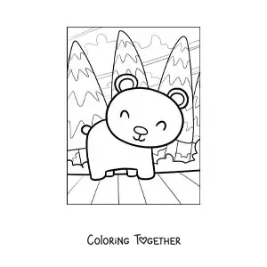 Coloring page of a kawaii little bear in the forest