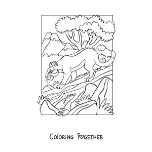 Coloring page of a cougar on a log in the forest
