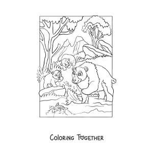 Coloring page of a family of bears in the forest