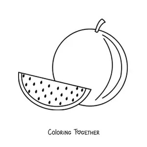 Coloring page of a slice of watermelon next to a whole watermelon